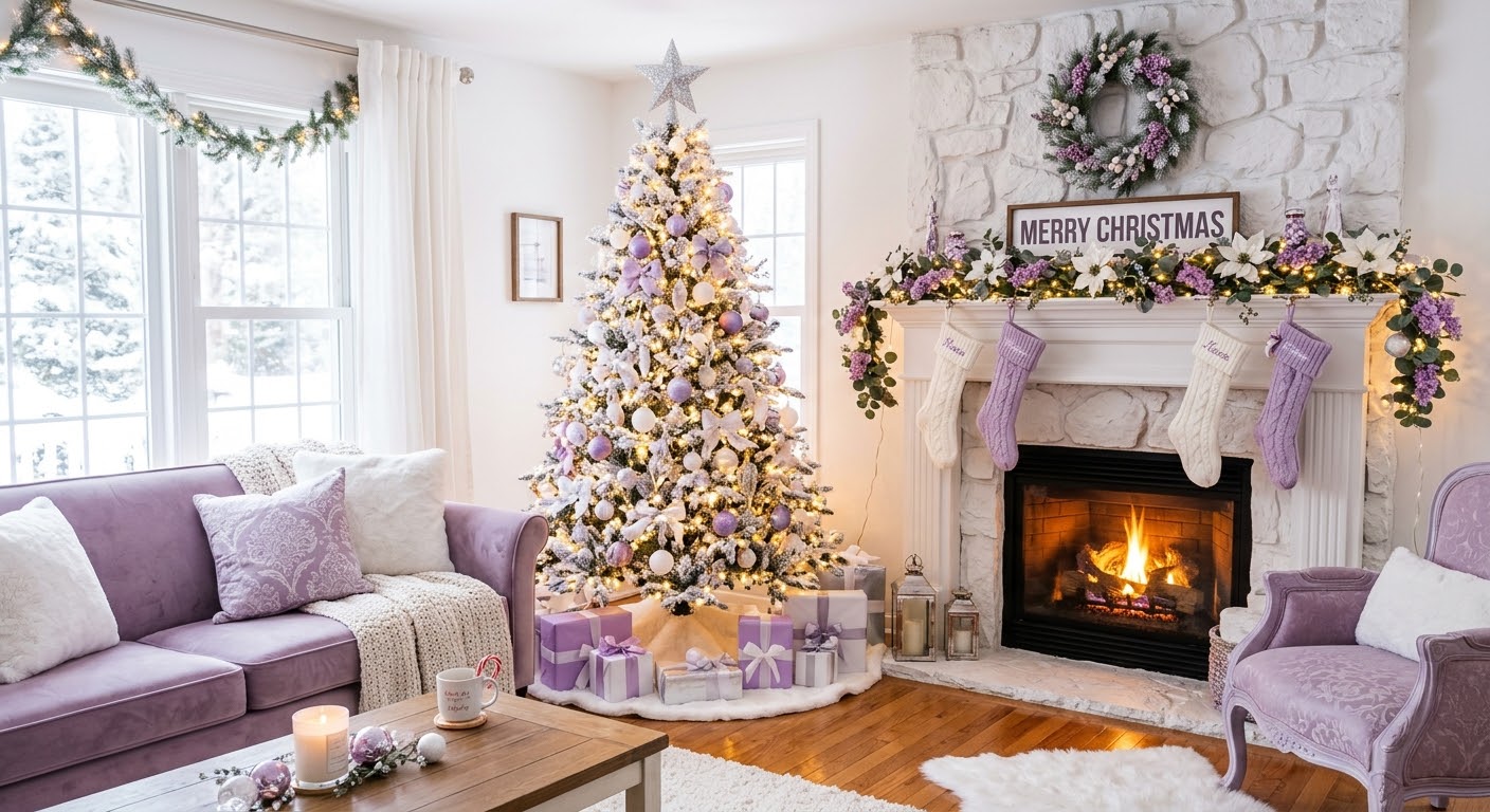 Sala decorada para o Natal com árvore, lareira e enfeites lilás
